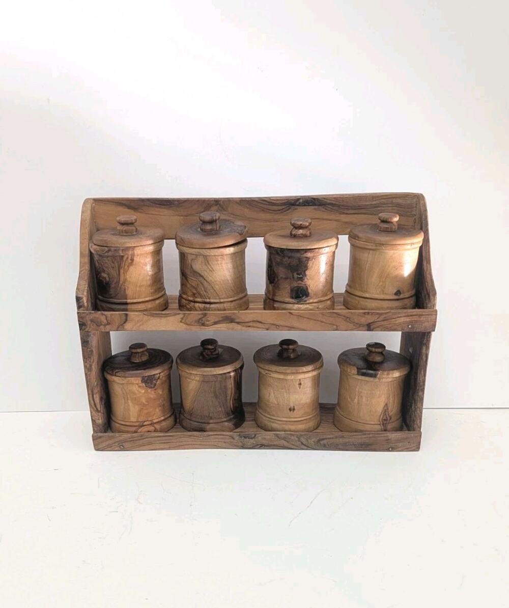 Olive Wood Spice Rack 8 Jars Pots Handmade 13.25 In 2 Tier Small Parts Storage